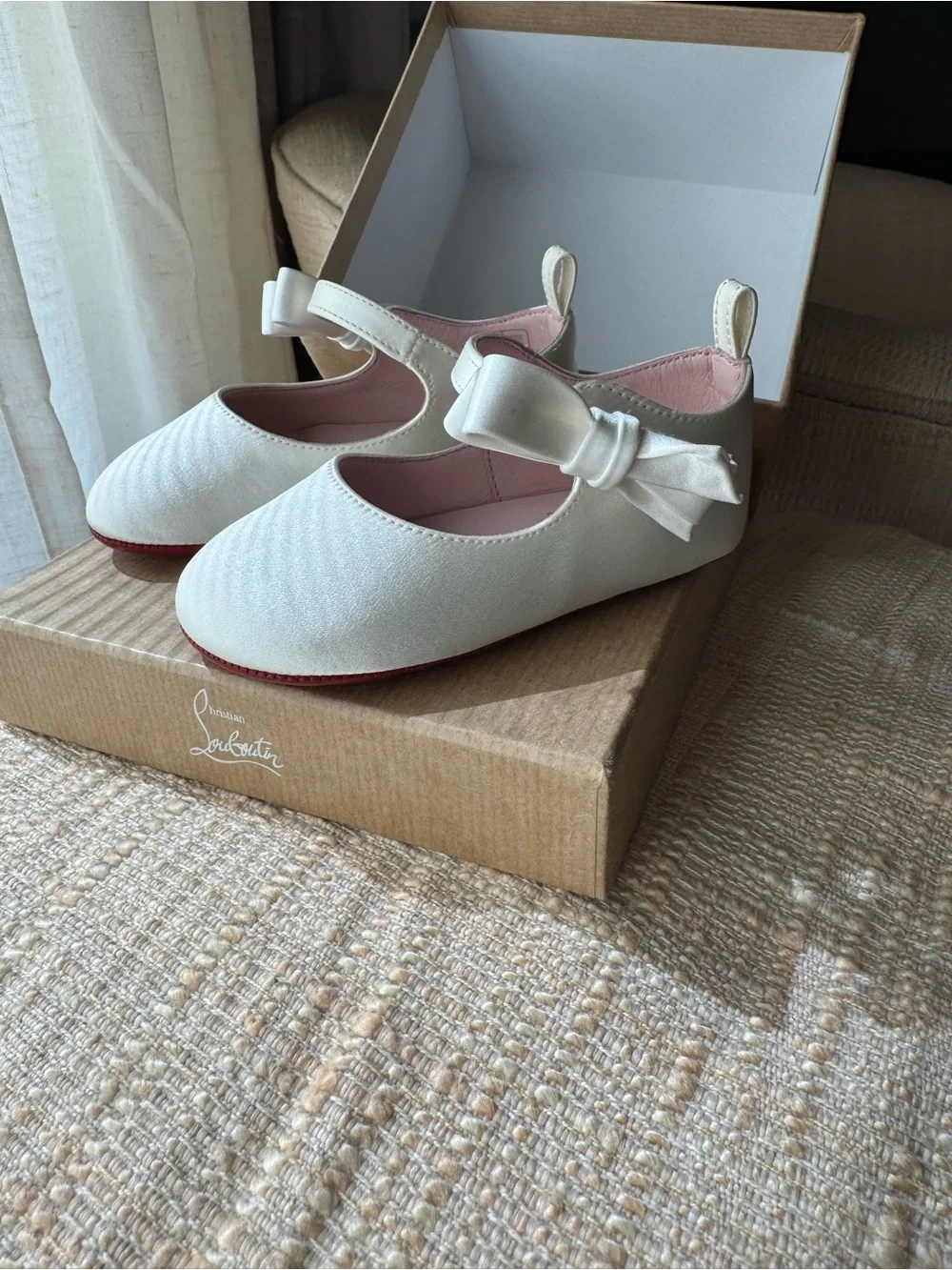 Christian Louboutin Ivory Satin Bow Ballet Flats with Red Sole